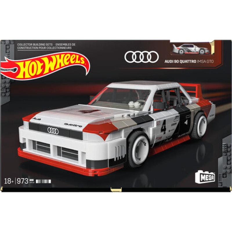 MEGA BLOKS - Hot Wheels Audi 90 Quattro IMSA GTO, Includes 1 Collectible Diecast Car, 973 Piece Collectible Building Toy Set